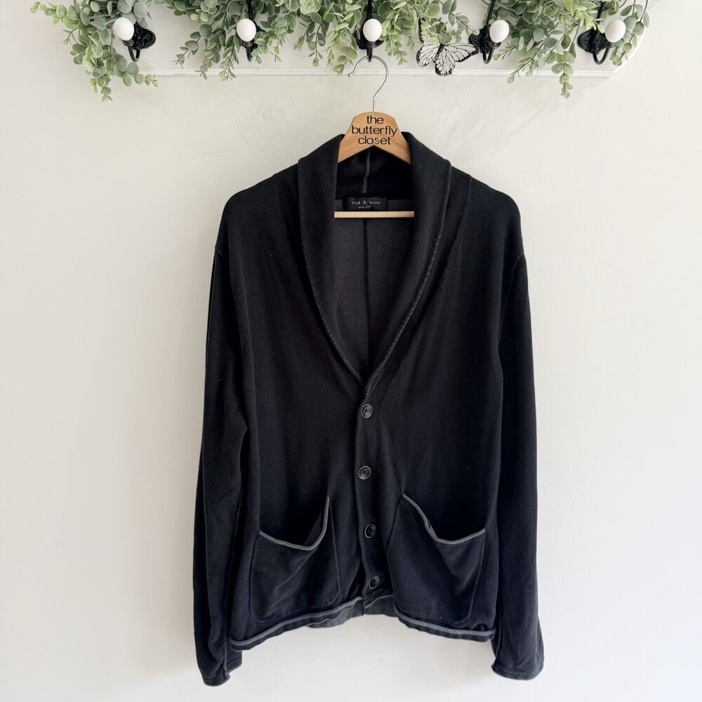 Rag & Bone Men’s Collared Shawl Button Up Cardigan Sweater Black Size XL A4766